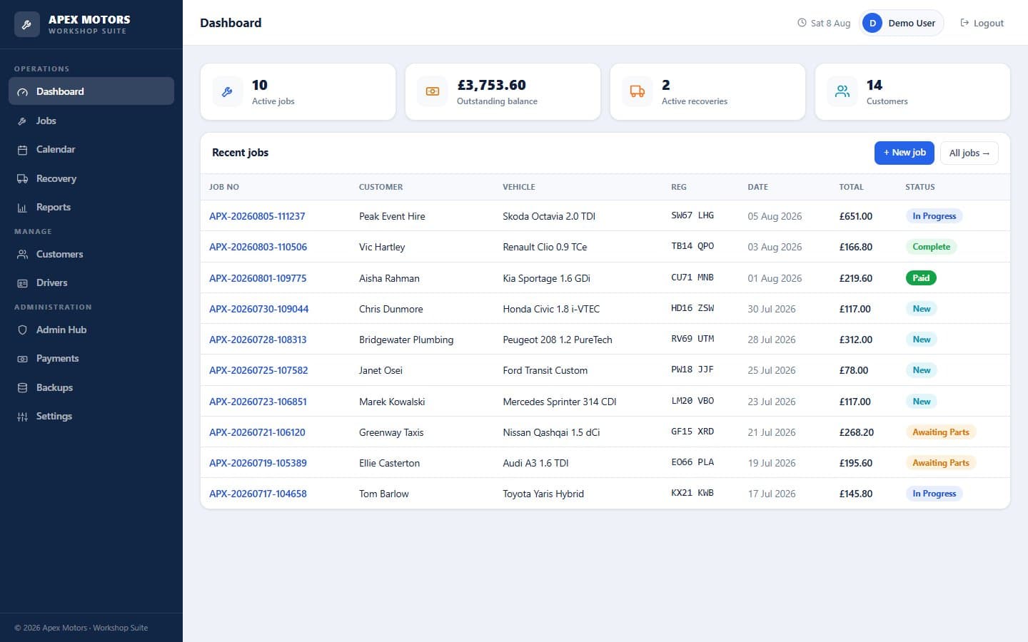 Apex Motors demo — garage workshop management system built by our system
